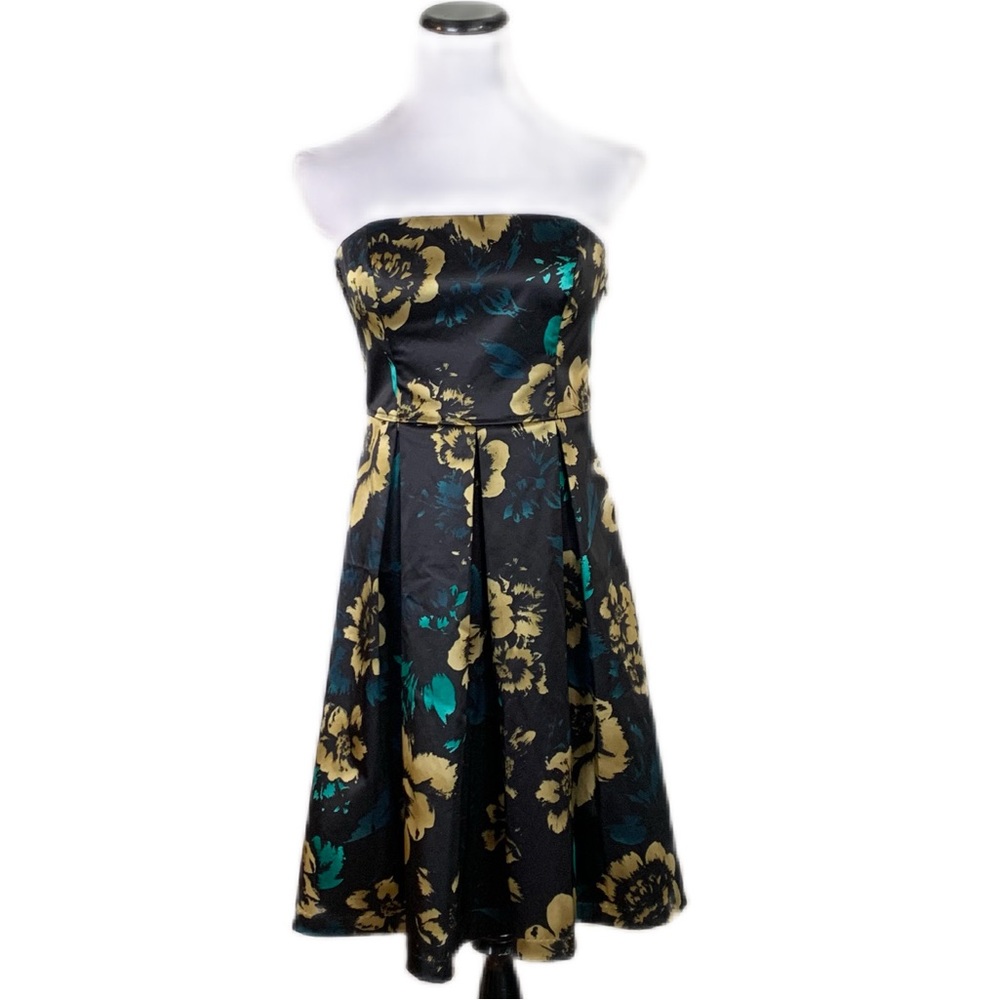 Guess SZ 9 (Juniors) Black Floral Print Stretch Satin Strapless Dress